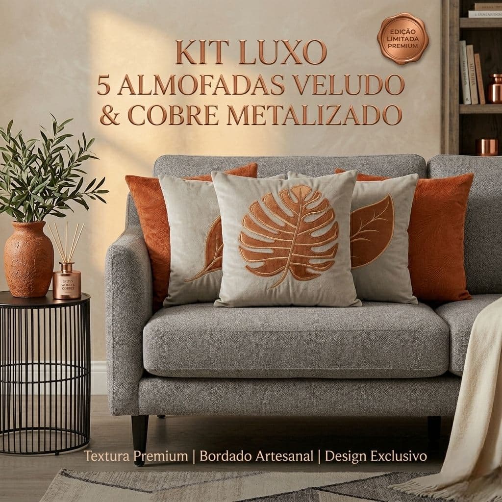 Kit 5 Almofadas Luxo Suede Aveludado Bordado Metalizado Cobre Costela Adão Decoração Sala Sofá 45x45cm