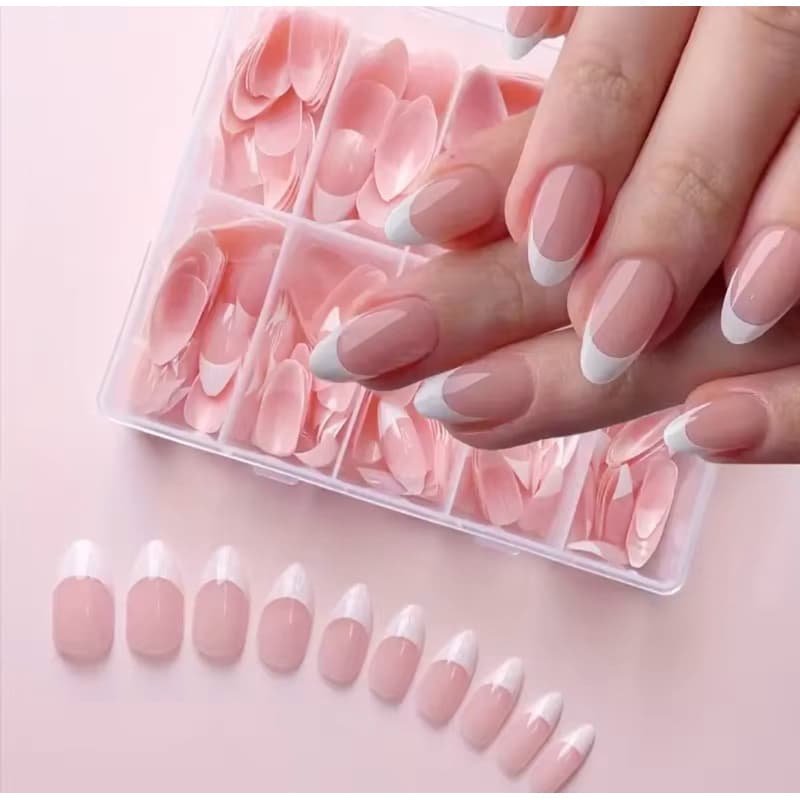 Unhas postiças curtas rosa e branco estilo brilhantes com estilo francês e desenho, unhas falsas naturais reutilizáveis