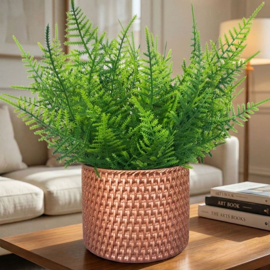 Arranjo Decorativo Folhagem Artificial Vaso Rattan Rose Mesa