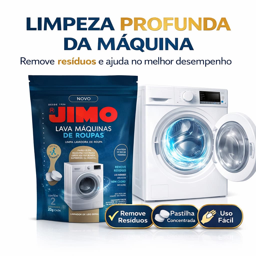 Jimo Lava Maquinas Roupas 2 Pastilhas 20g Limpeza Profunda Remove Residuos Odores Elimina Mau Cheiro