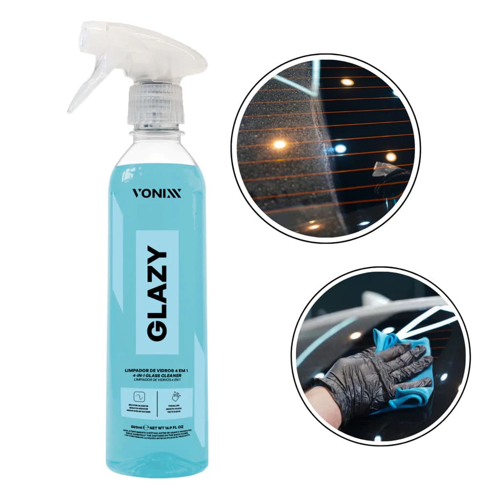GLAZY 500ML LIMPA VIDROS AUTOMOTIVO VONIXX 4 EM 1 COM REDUTOR DE ATRITO E RISCOS