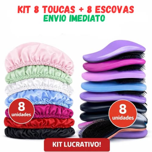 Kit Cabelo 8 Toucas de Cetim + 8 Escovas Mágicas Anti Frizz