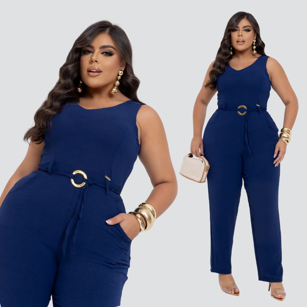 Macacão Feminino Social Plus Size Tecido Leve Elegante com Faixa na Cintura e Bolsos