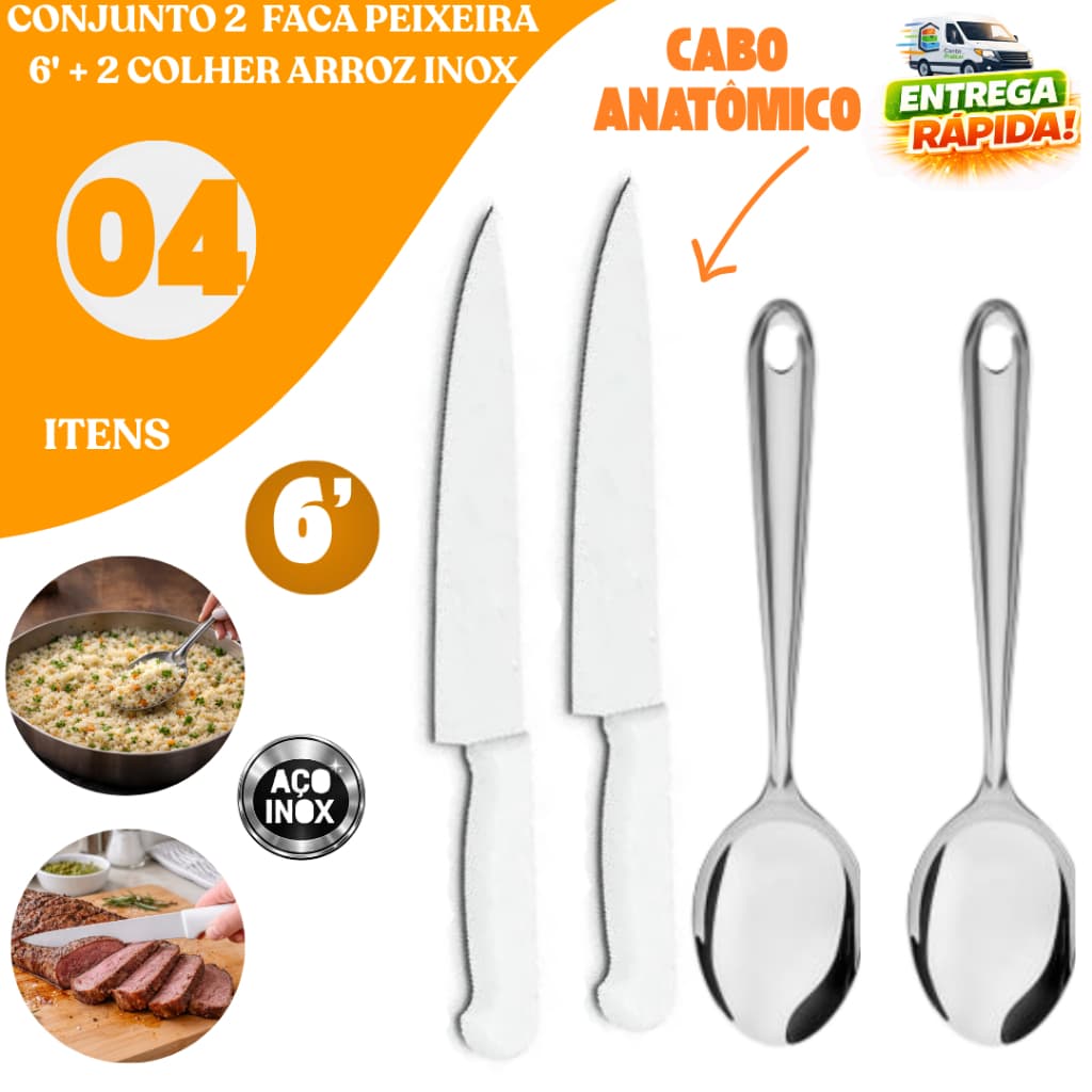 Kit 04/06 2 Facas Peixeira 2 Colheres de Arroz Aço Inox – Durabilidade Cozinha Restaurante Buffet