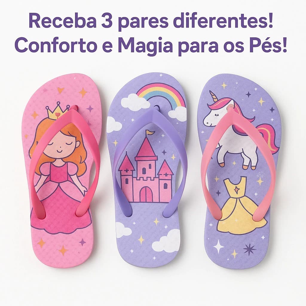 3 Pares Chinelo Infantil Menina Sortido Confortável Leve Macio