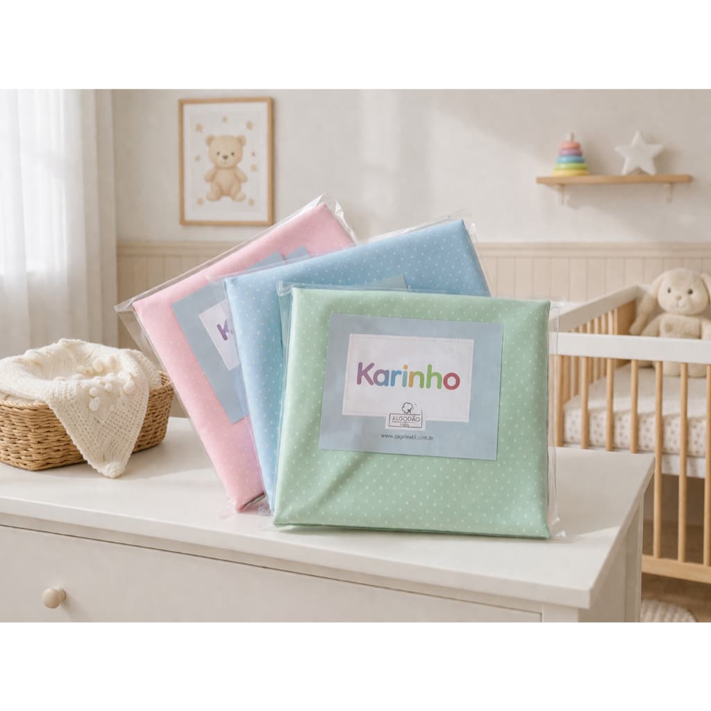 Kit 3 lençóis papi karinho poá para berço tamanho americano 100% algodão, 130x70x12 cm.