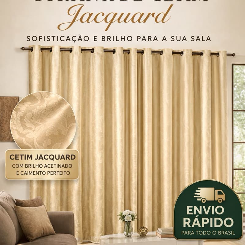 Cortina de Cetim Jacquard decorativa P/ Sala Quarto Escritório 2 Partes