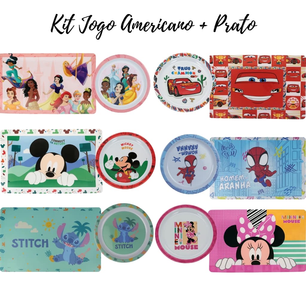 Kit Jogo Americano + Prato Fundo 21 cm Infantil De Personagens Disney Homem Aranha Princesas Carros