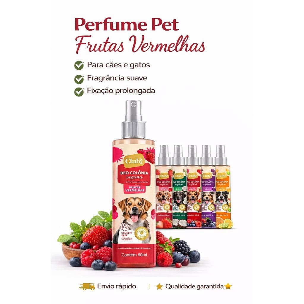 Perfume Pet Frutas Vermelhas Para Cães e Gatos 60ml Deo Colônia Vegana Club Pet Cruelty Free