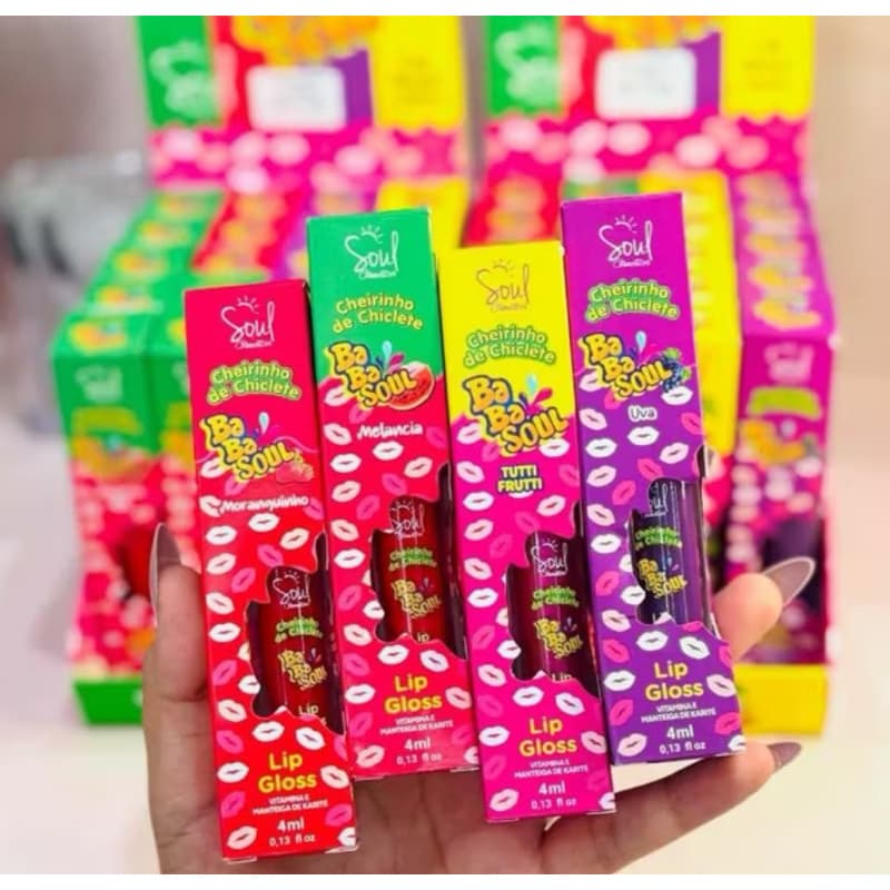 Kit 4 Lip Gloss Labial Frutas Babasoul - Gostinho de Chiclete Melancia,Uva,Morango e Tutti Frutti
