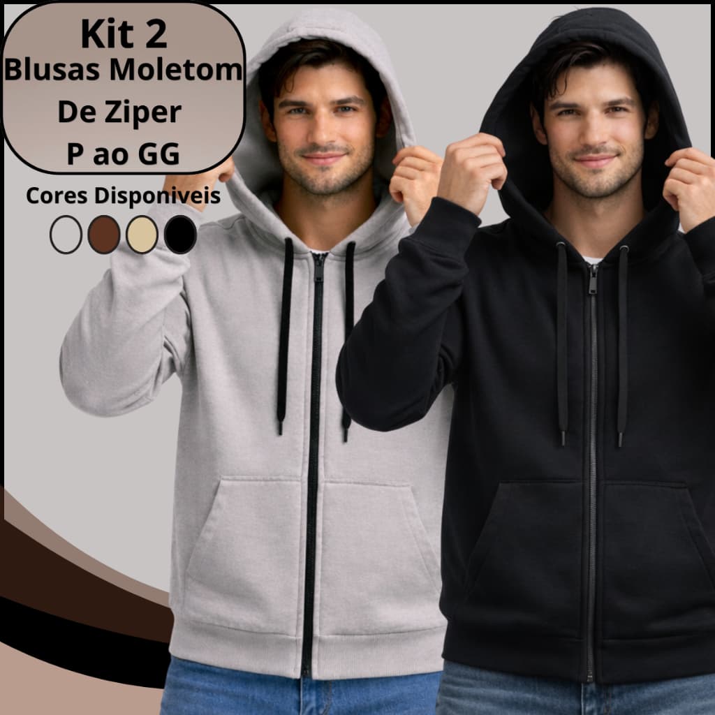Kit 2 Casacos Moletom ZiperAberto Flanelado Algodão Capuz Bolsos Inverno Outono Casual Liso