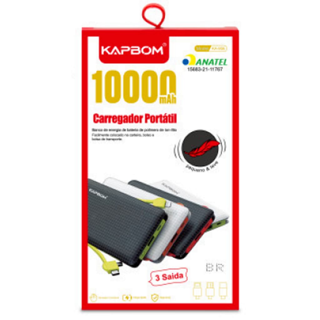 Kapbom, Carregador Portátil Power Bank, Universal 10.000 mAh, Preto ou Branco