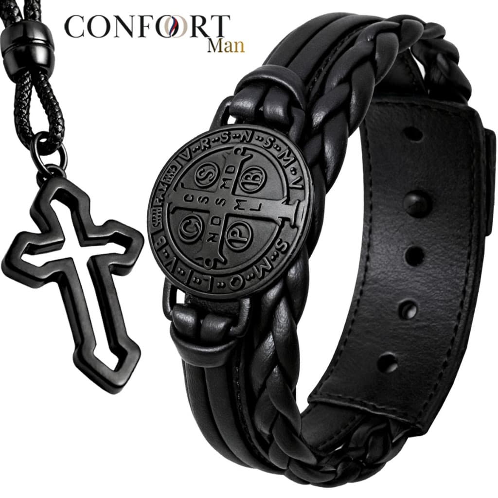 Kit Pulseira de Couro São Bento e Colar Cruz Country Proteção Fé Sabedoria - Modelos Variados