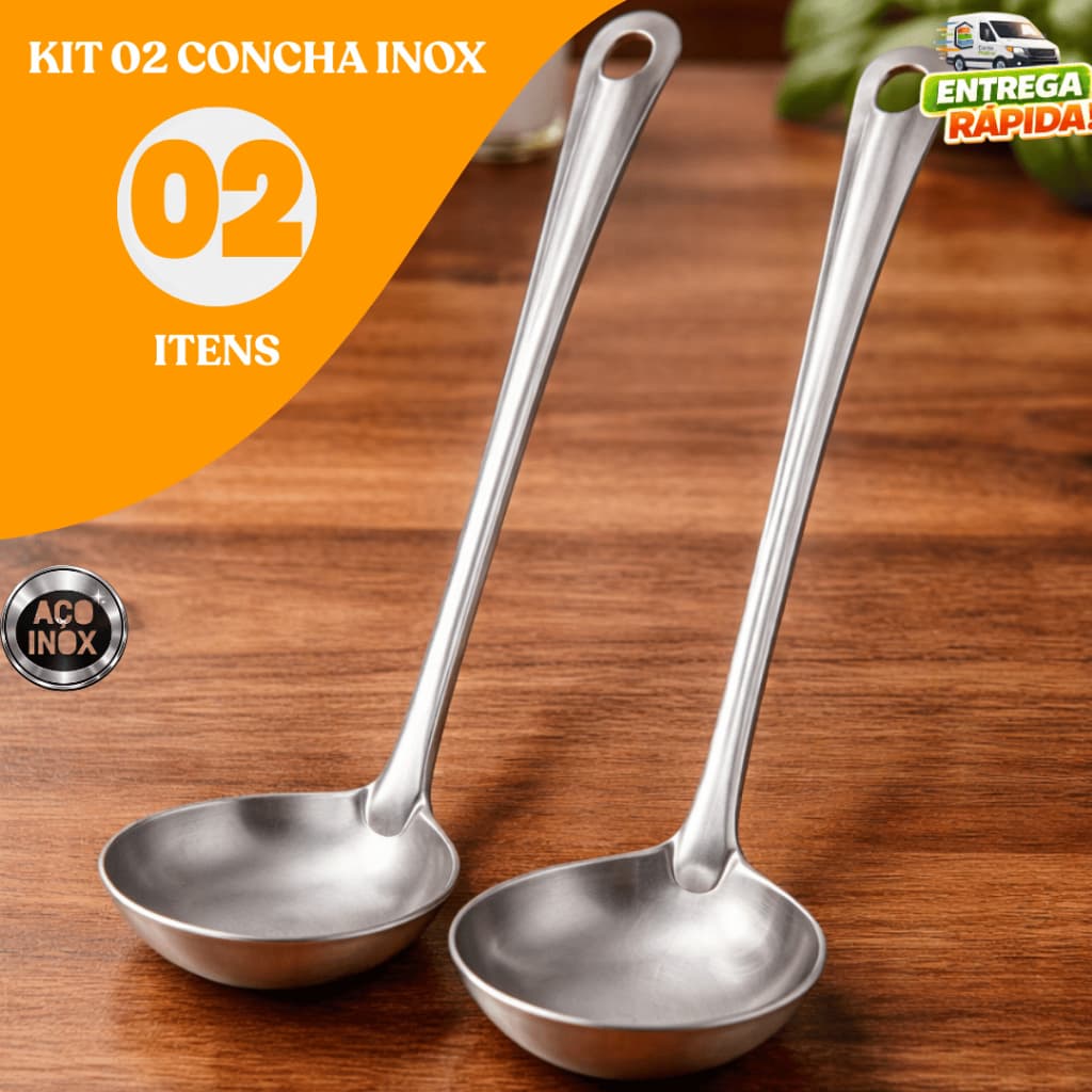 Kit 02 Concha Aço Inox Grande Para Servir Feijão Molho Caldo Sopa Cozinha Casa Restaurantes Buffet