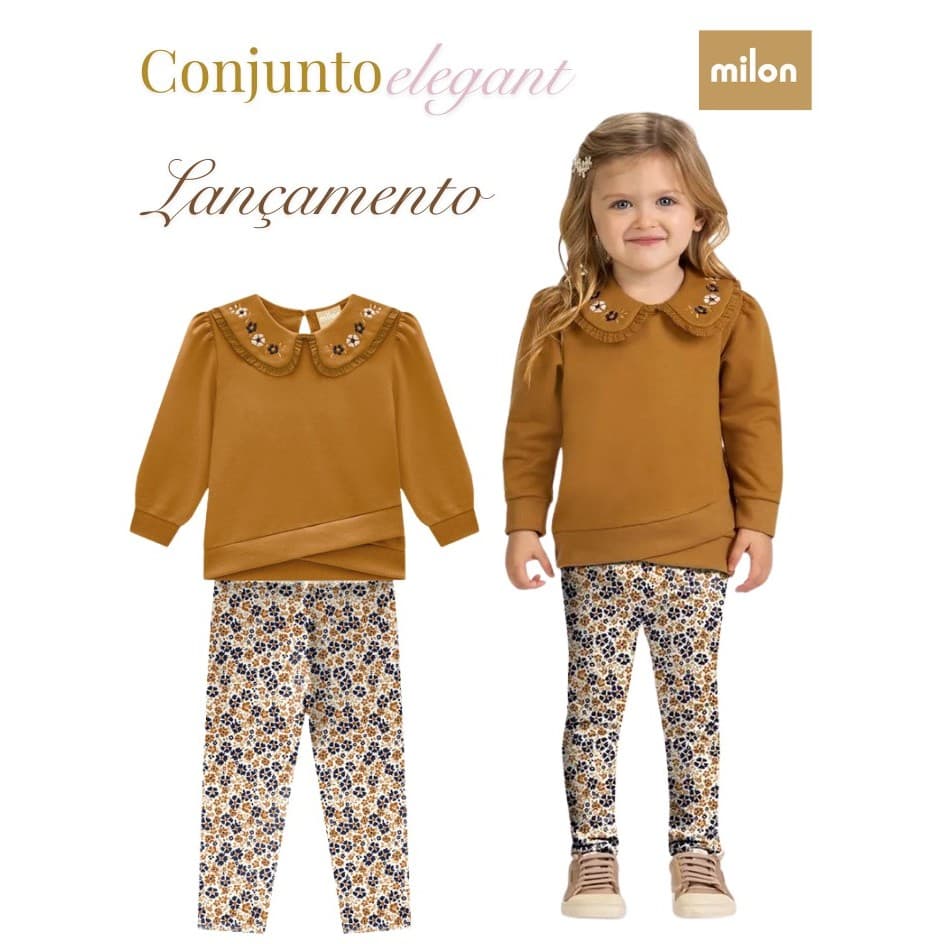 Conjunto Infantil Menina Flores Milon,com blusa moletom gola ,legging molecotton forrada e estampada