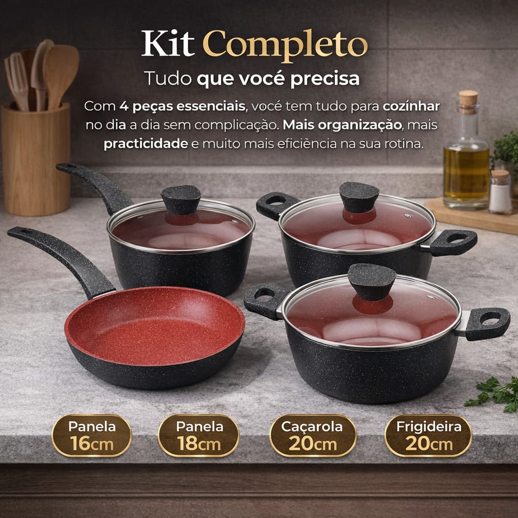 Conjunto de Panelas Antiaderente com Tampa de Vidro 4 Peças