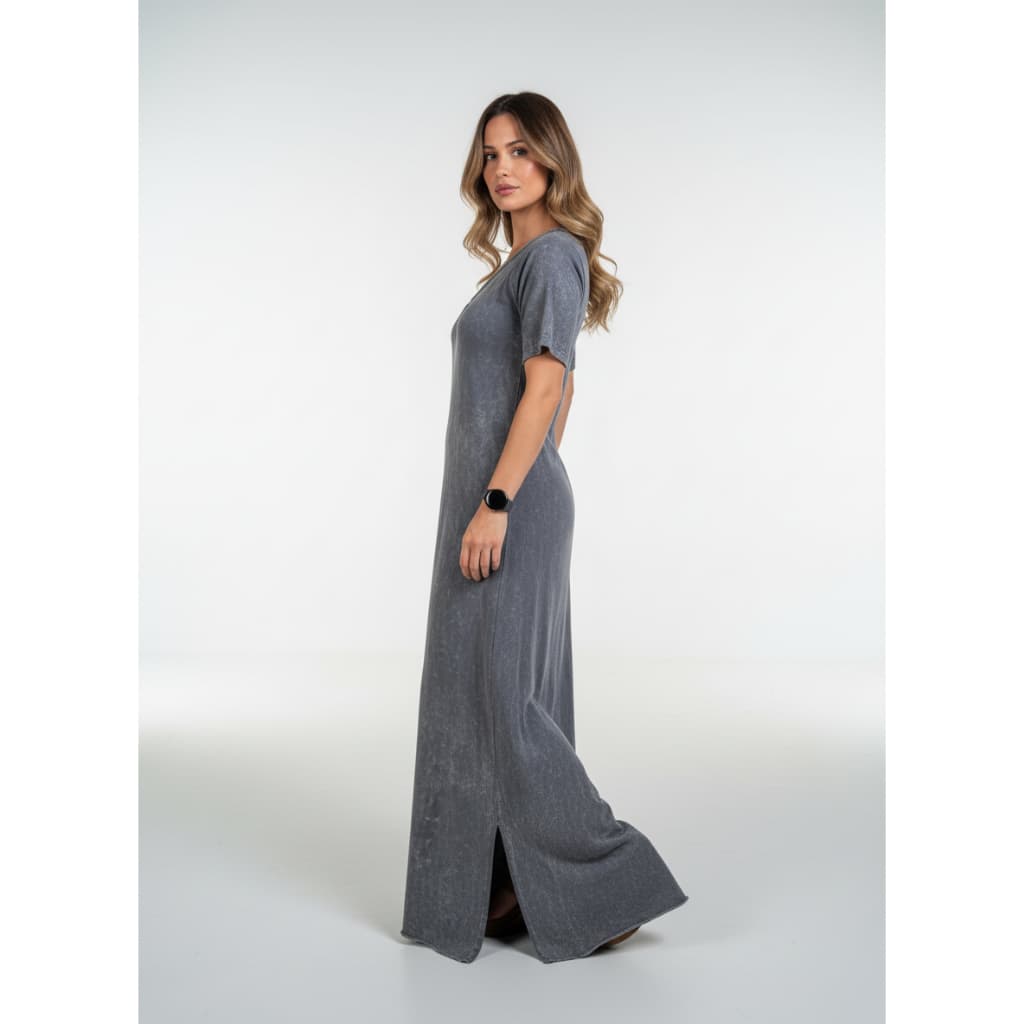 Vestido SULLY Longo 100% Algodão Decote V Estonado Casual Estiloso