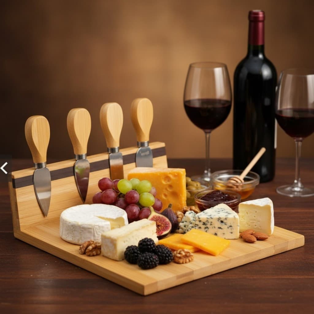 Tábua Premium Giotto - Tábua de bambu com conjunto de 4 facas Perfeita para vinho e queijos Giotto
