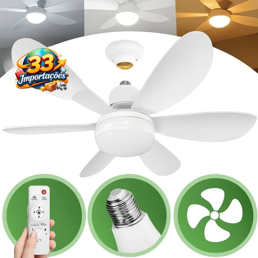 Ventilador Teto LED 6 Pás Silencioso com Controle Remoto E27 Bivolt 120W 3 Velocidades Luz Branco Quente Frio Moderno