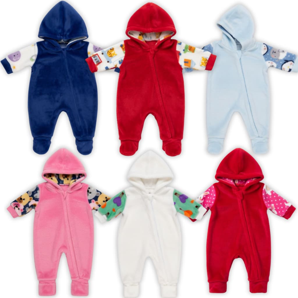 Kit 3 Pçs Macacão Bebe Plush C/ Zíper Pelúcia Menino Menina
