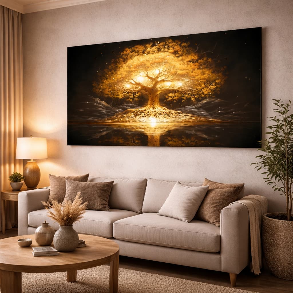 Quadro Decorativo Árvore Sagrada Dourada Iluminada Minimalista Etérea Clean Elegante Imponente Luxo