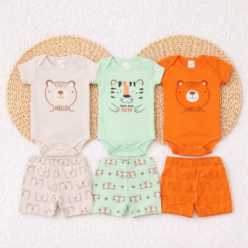 Kit 3 Conjuntos Body Manga Curta e Shorts Tapa Fralda Bebê Menina Sortido 6 Peças P ao GG