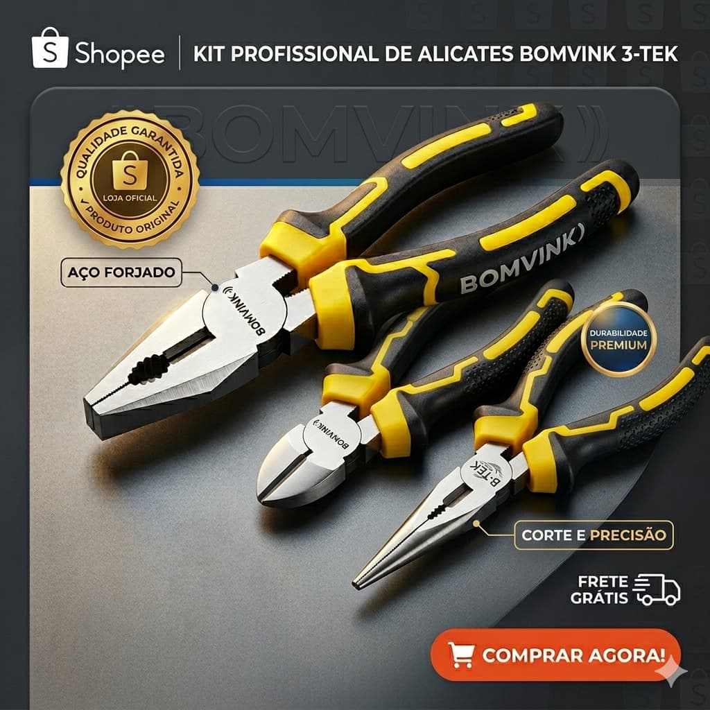 Kit 3 Alicates Universal Alicate de Bico meia cana e Alicate de Corte diagonal + Maleta