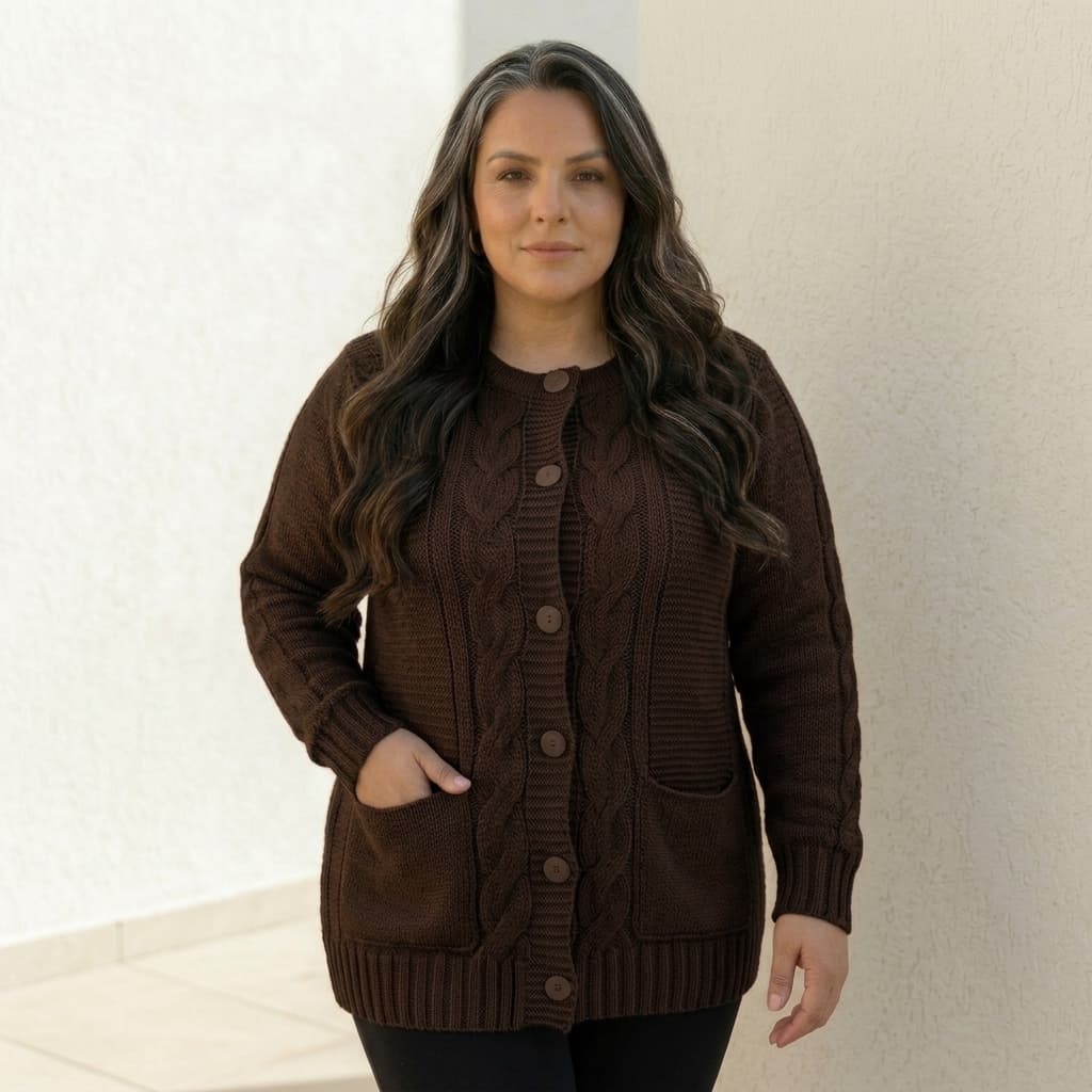 Casaco Tricot Lã Plus Size Bolso e Botões Trança