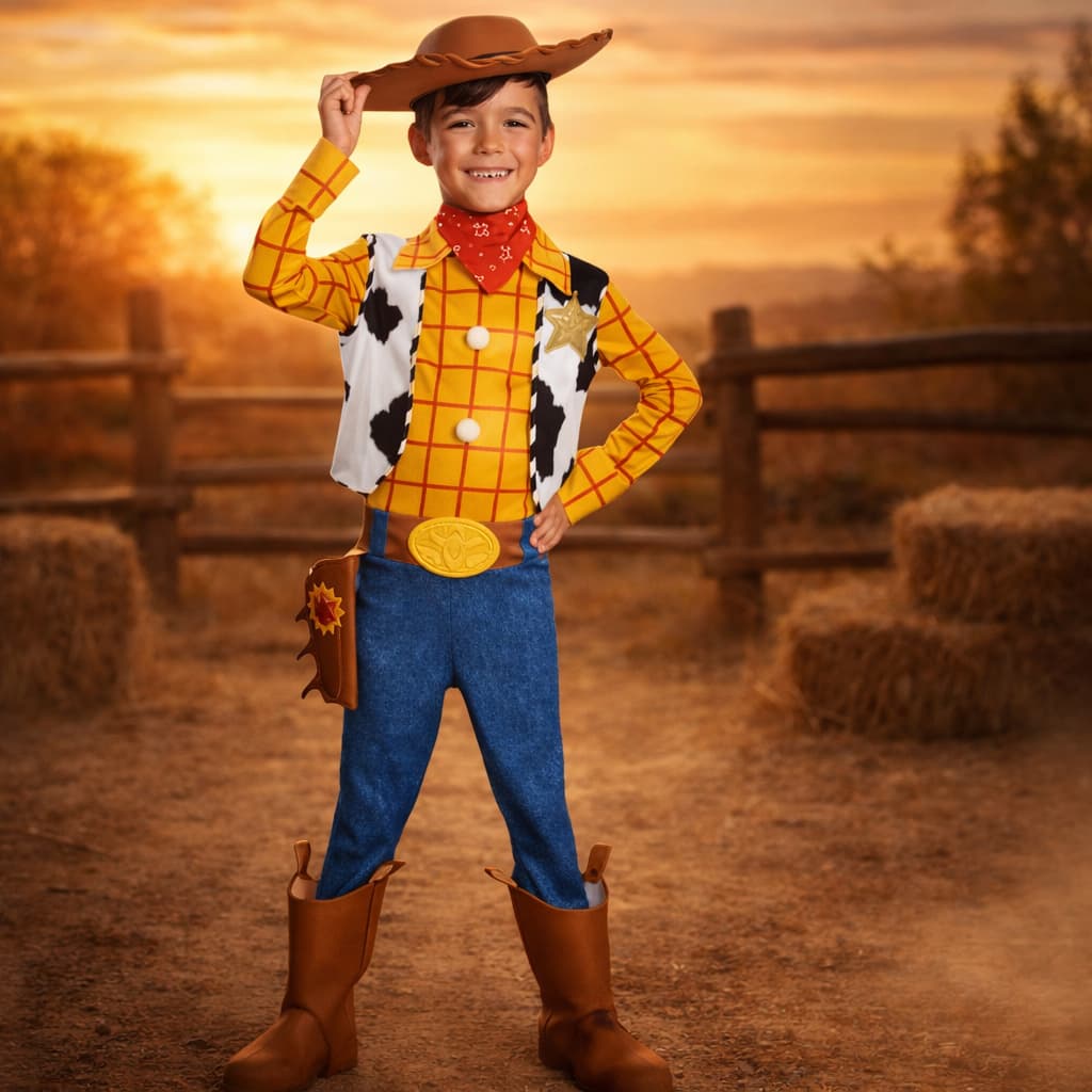 Fantasia Infantil Woody Toy Story Xerife Cowboy Com Bandana Colete Calça Camiseta Cinto Festas