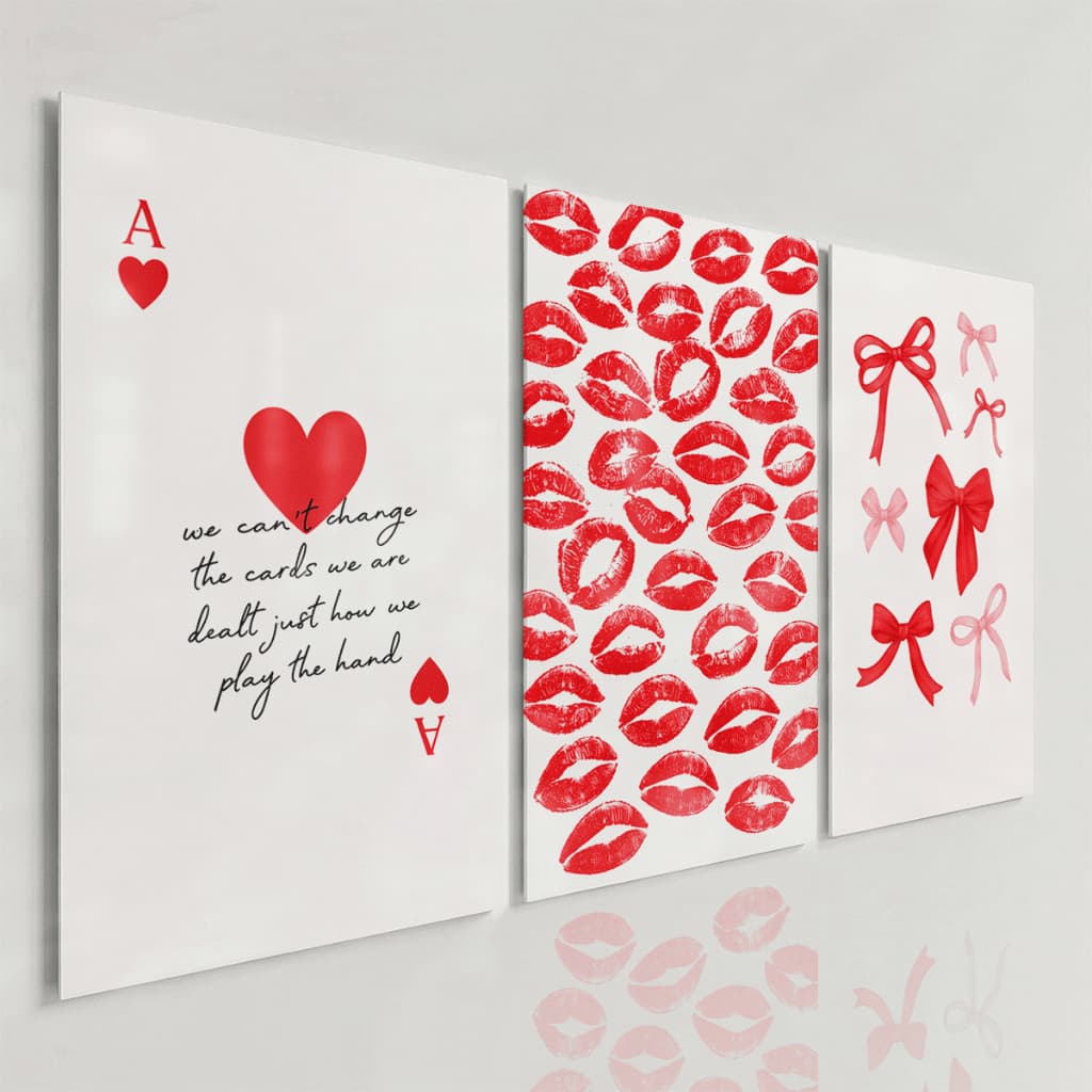 Quadros Decorativos Cartas e Beijos Vermelho Branco Romântico Kit 3 Peças Quarto Feminino