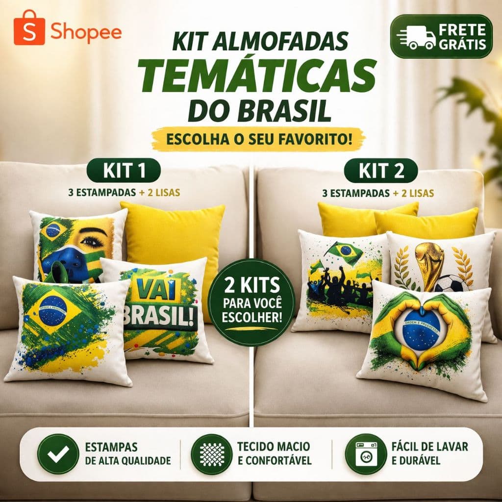 Kit com 5 Almofadas Decorativas Brasil Copa Do Mundo Sofá Sala Quarto Futebol Seleção Brasileira