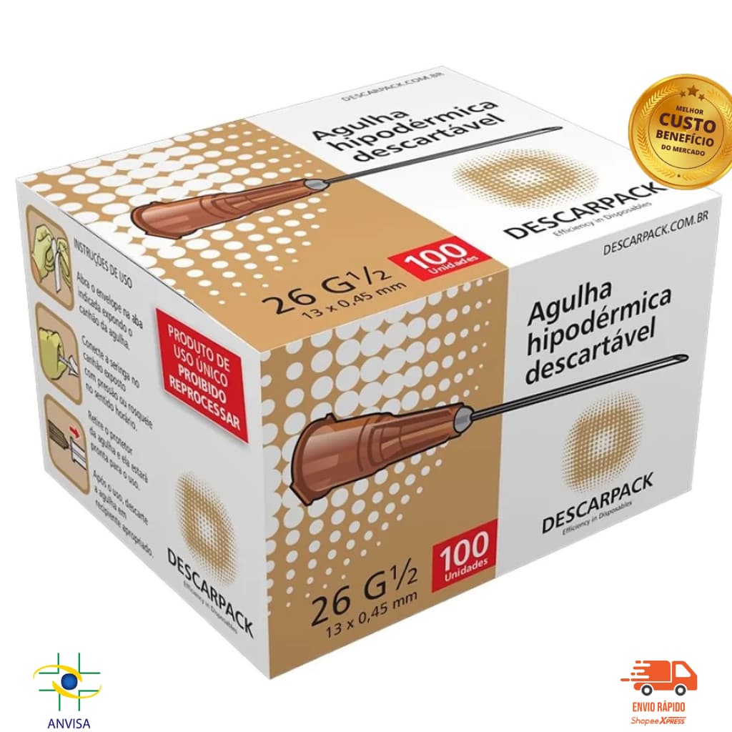 Agulha Descarpack 13x0,45mm 26G Estéril Descartável 100 Unidades Agulha Hipodérmica