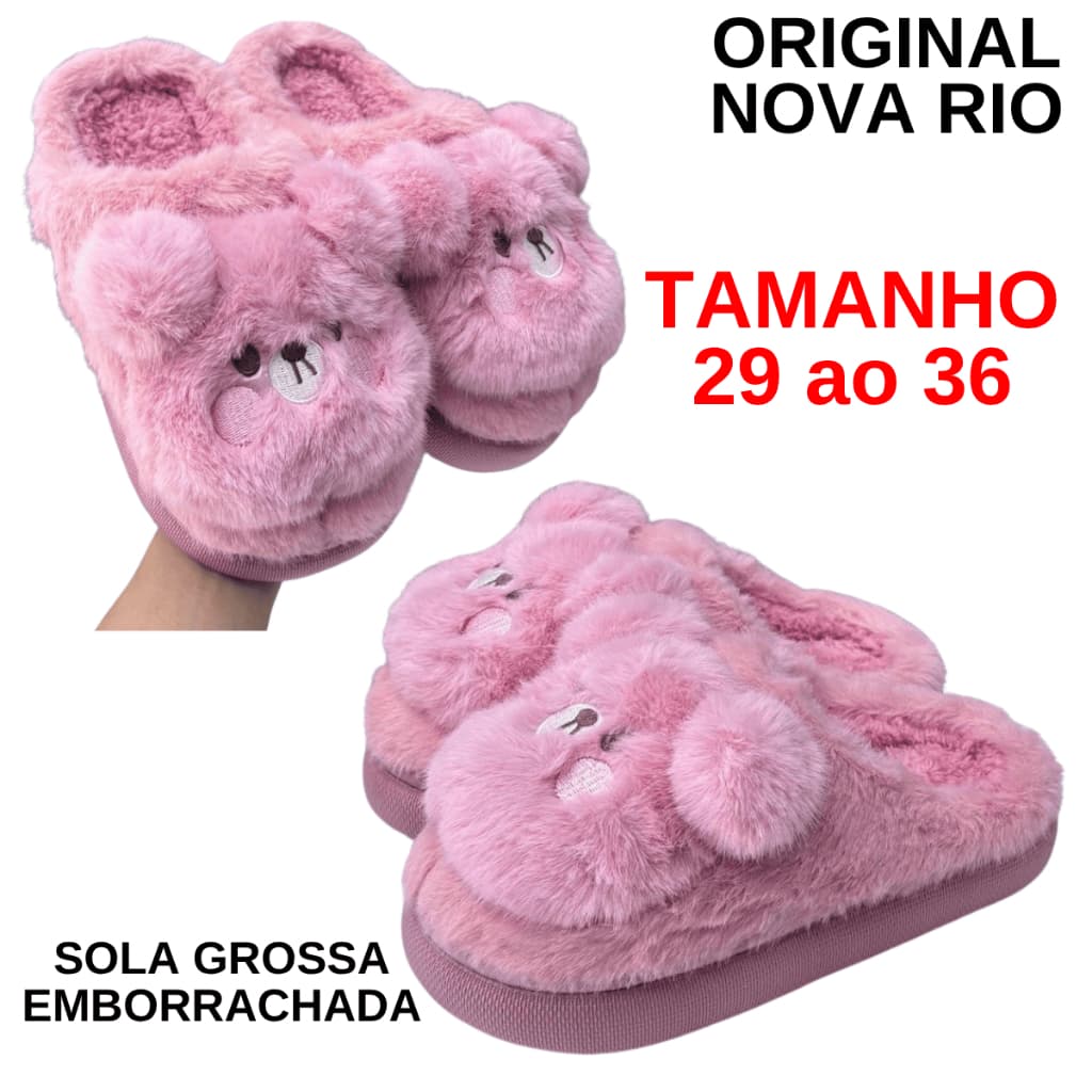 Pantufa Inverno Infantil Ursinho Sola Antiderrapante Rosa Menina Chinelo de Quarto Tamanho 29 ao 36