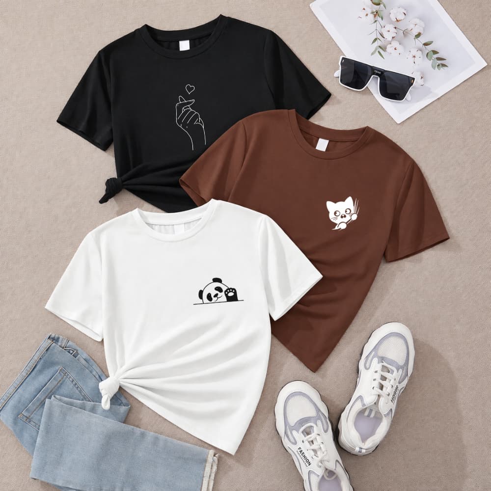 Camiseta feminina de algodão kit com 3 face batimento coração flores gato blusa marrom preta branco