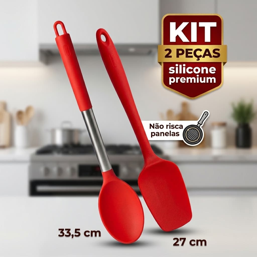 Kit Espátula 27 cm + Colher de Arroz 33,5 cm silicone Vermelho Cabo Inox Antiaderente utensílios de cozinha