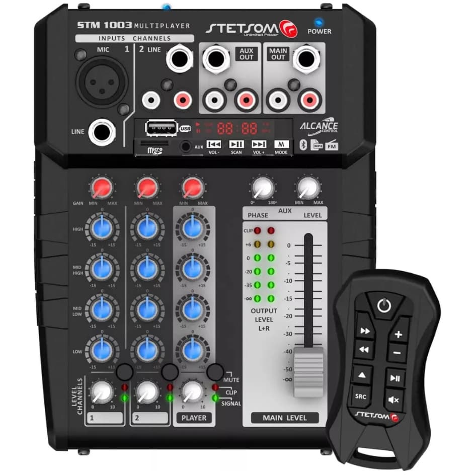 Audio Mixer Automotivo STETSOM STM1003 Mesa de Som Bluetooth USB SD FM Saídas RCA P10 Profissional