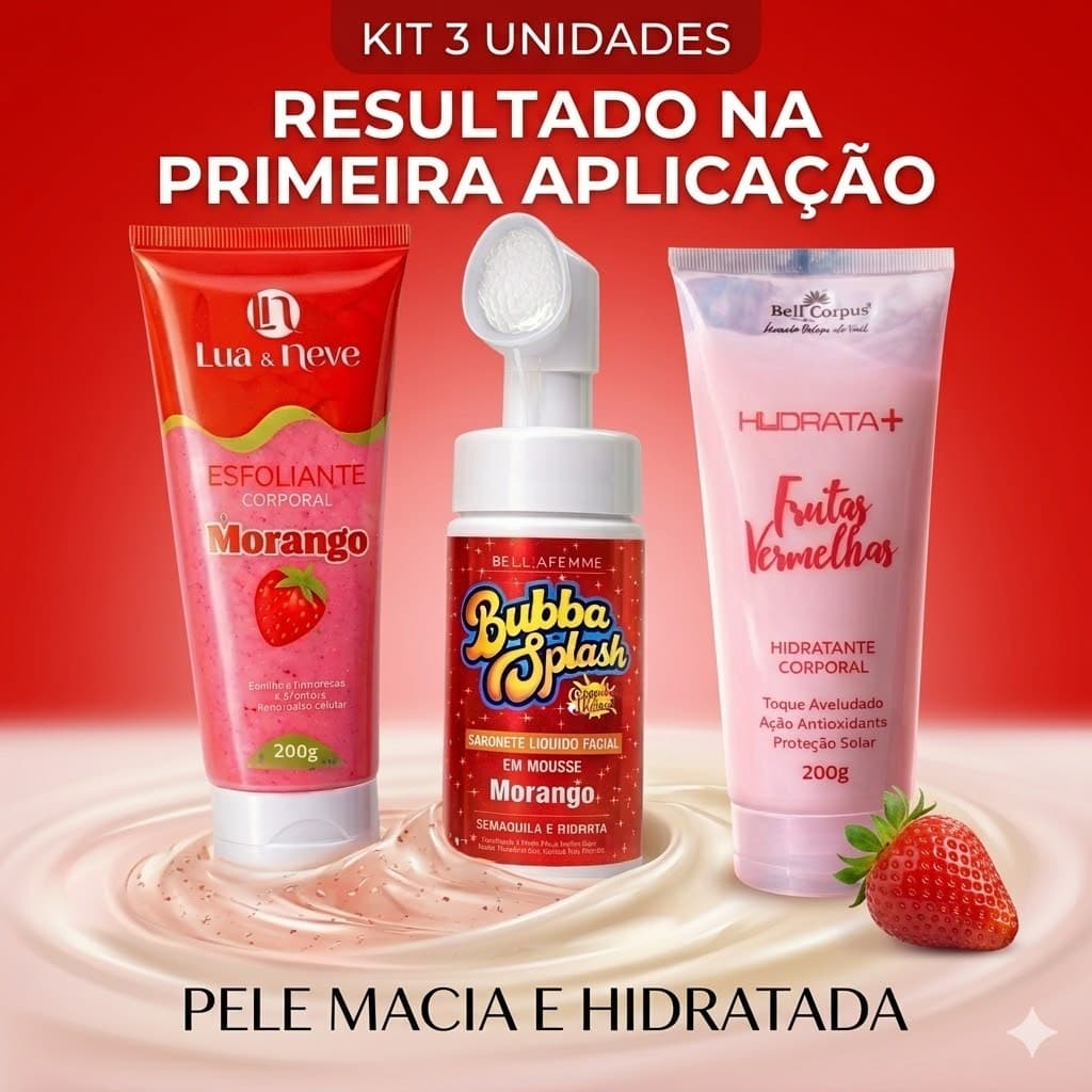 Mousse Demaquilante Facial Sabonete de Limpeza Com Aplicador  + Esfoliante Corporal + Creme Corporal