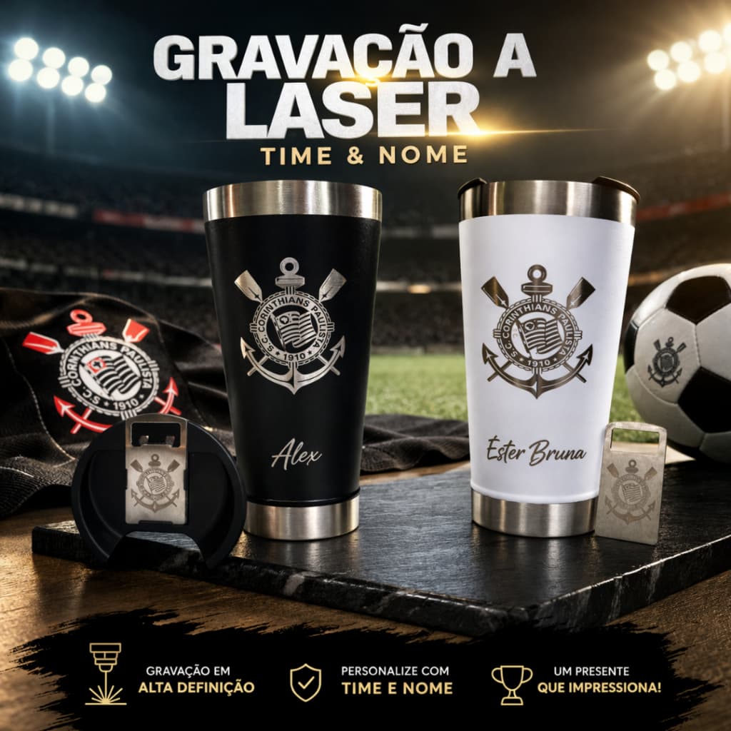 Copo Térmico do Timão personalizado com nome e time Gravado a Laser 473ml