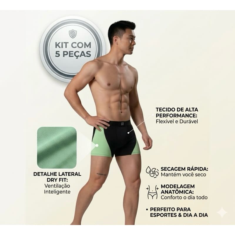 BOXER KIT 5 PEÇAS CUECA MASCULINA DETALHE LATERAL DRY FIT CONFORTÁVEL RESPIRÁVEL ESPORTIVA ACADEMIA