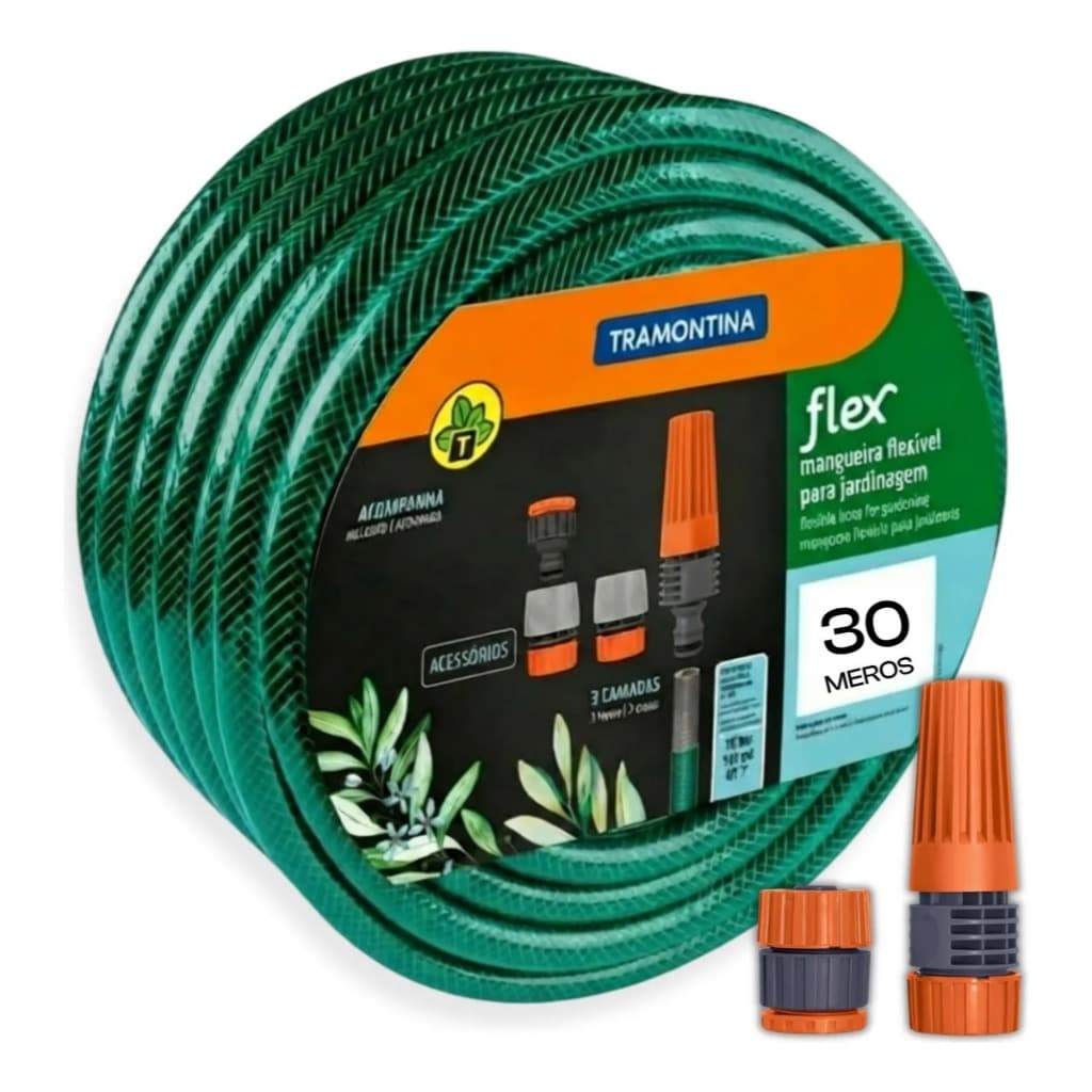 Mangueira Jardim Trançada Tramontina 3 Camadas Flexível Até 30 Metros kit Engate rápido