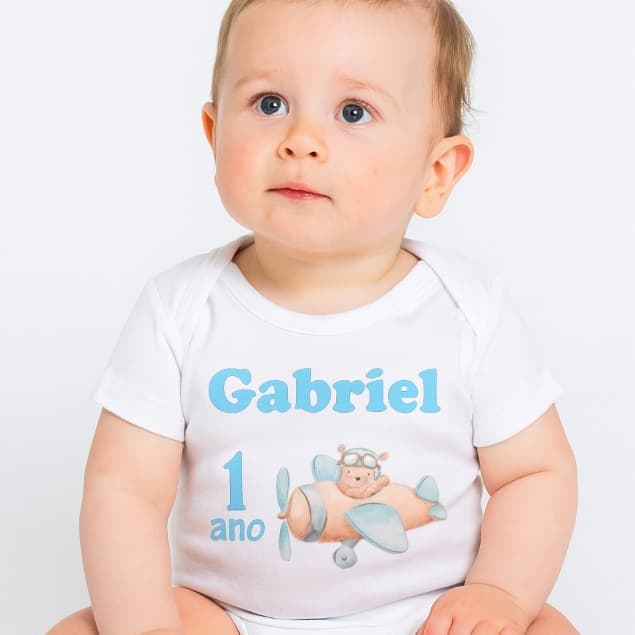 Body Bebê Mesversário Personalizado 1 Ano Tema Aviador Premiun