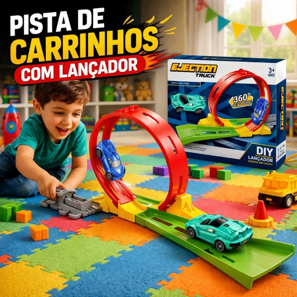 Pista Carrinho Infantil 360º Brinquedo Lançador 2 Carrinhos Trilho Montável Criança