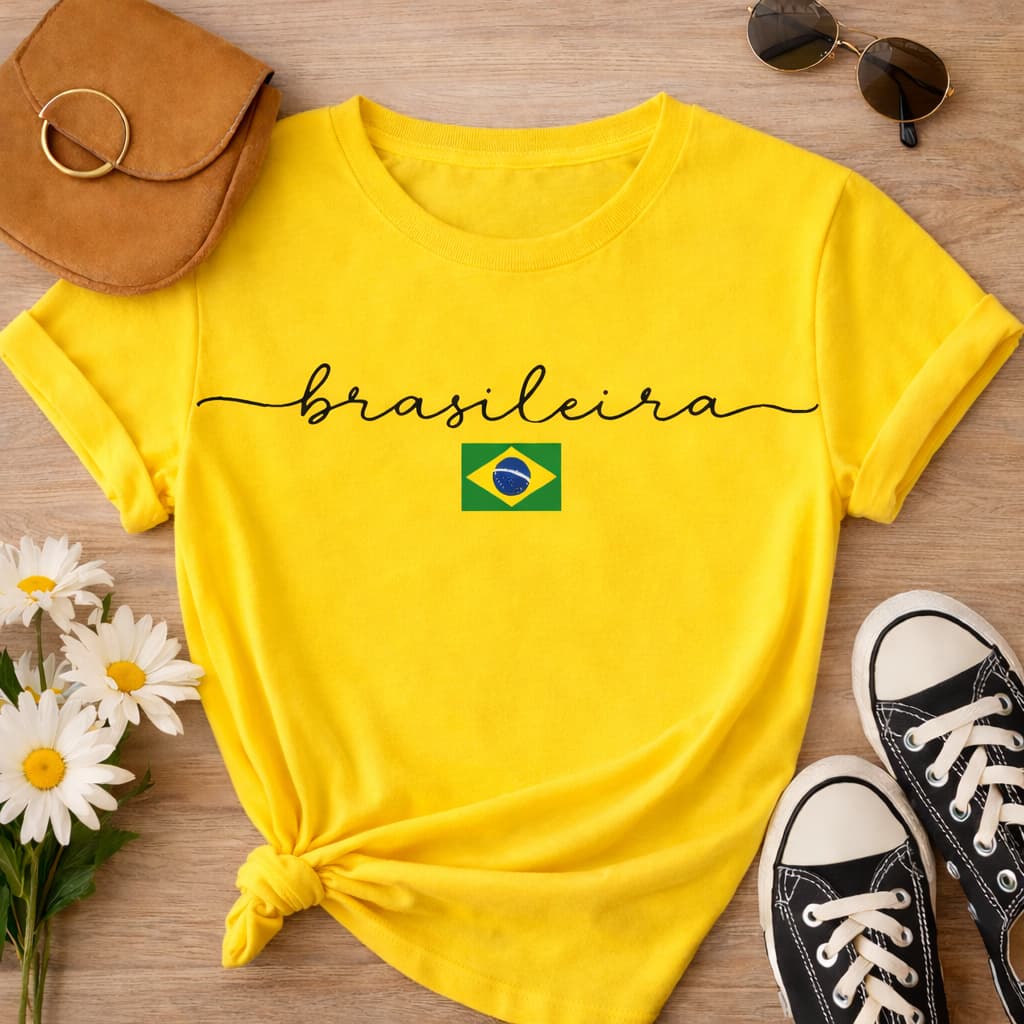Camiseta Feminina Brasil Amarela T-Shirt 100% Algodão Casual Copa Seleção