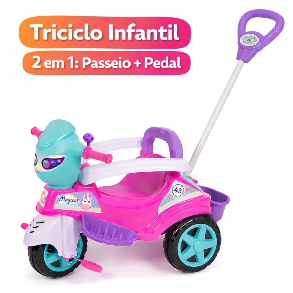 Triciclo Infantil Rosa 2 em 1 com Empurrador Passeio e Pedal Menina Seguro Rodas Antiderrapantes