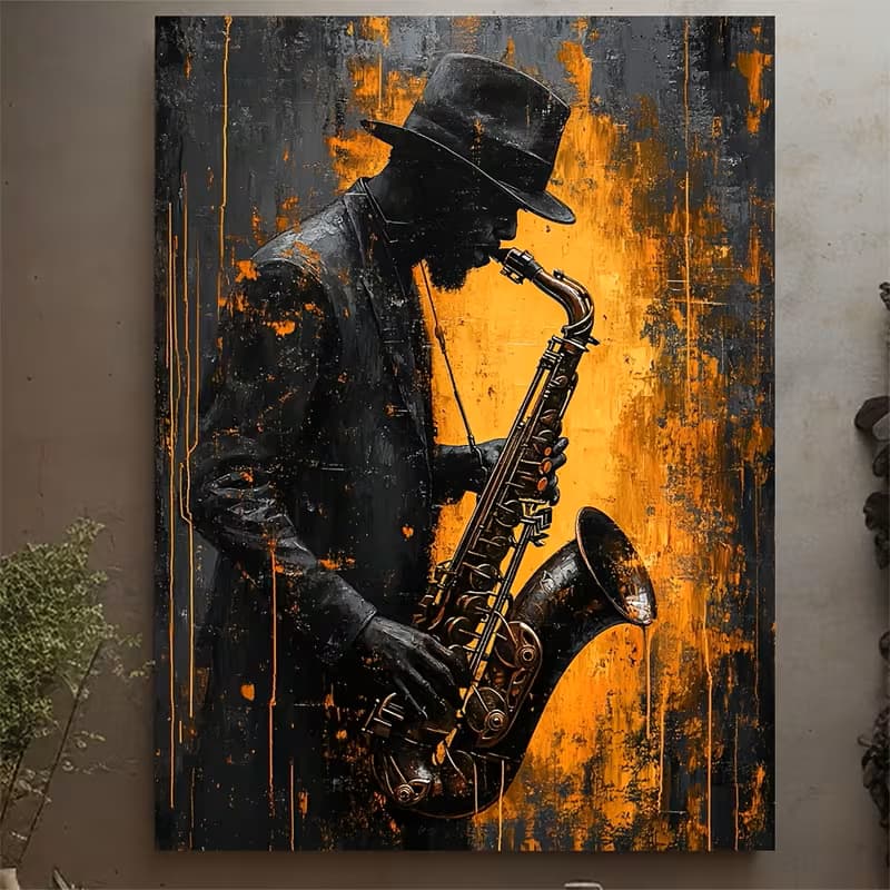 Quadro decorativo Jazz músico saxofone retrô pintura sax