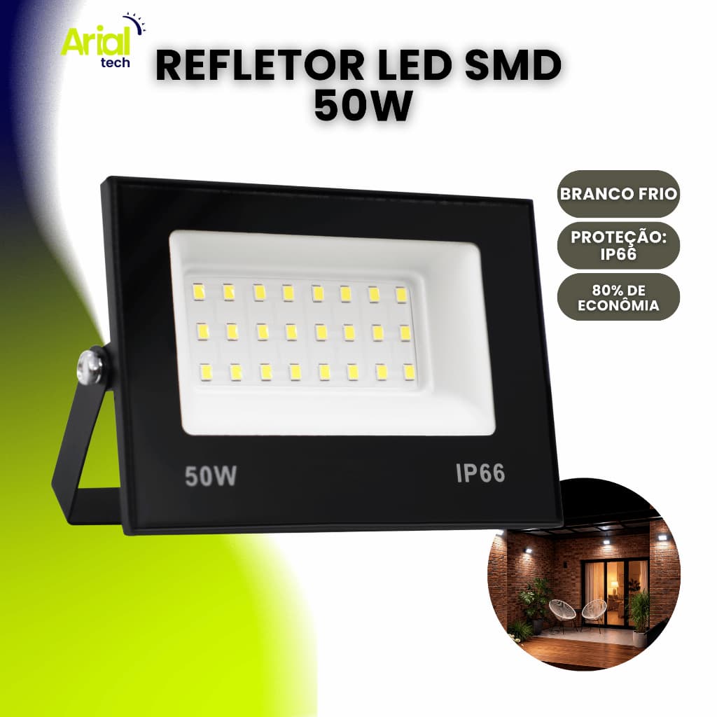 Refletor LED 50w Smd Holofote Bivolt Prova Dágua IP66 Luz Branco Frio Externo