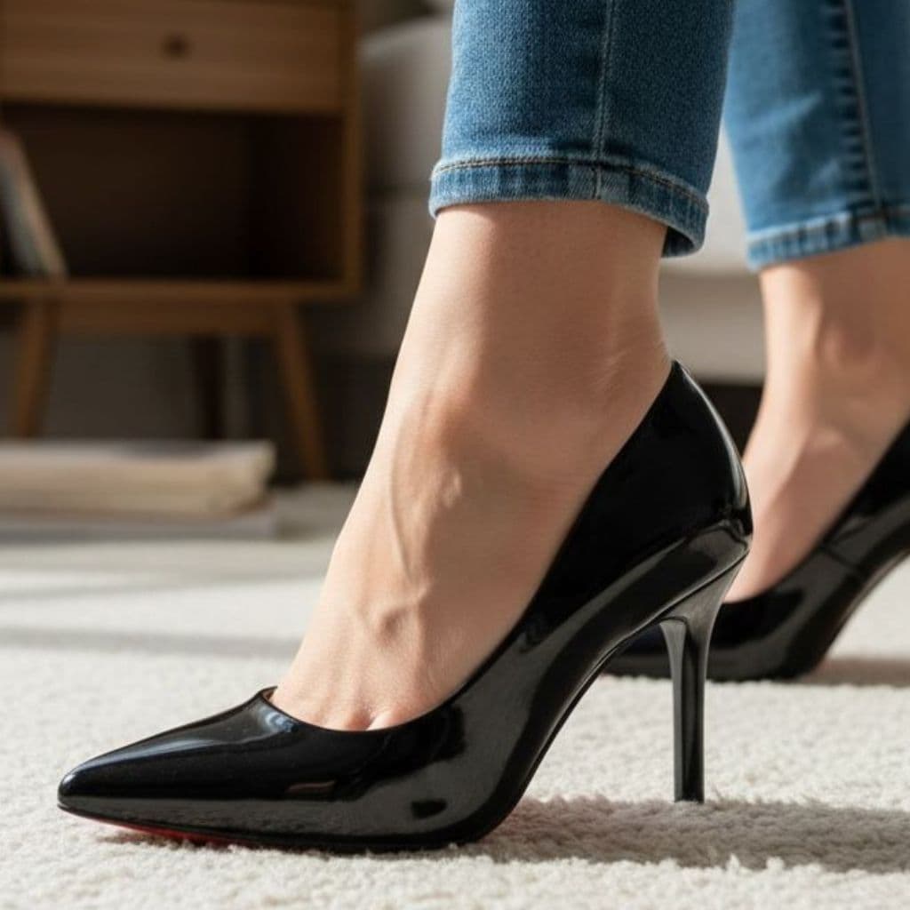 Sapato Feminino Scarpin Bico Fino Verniz Salto Taça  Madame Preto Com Solado Vermelho Altura 9,5cm