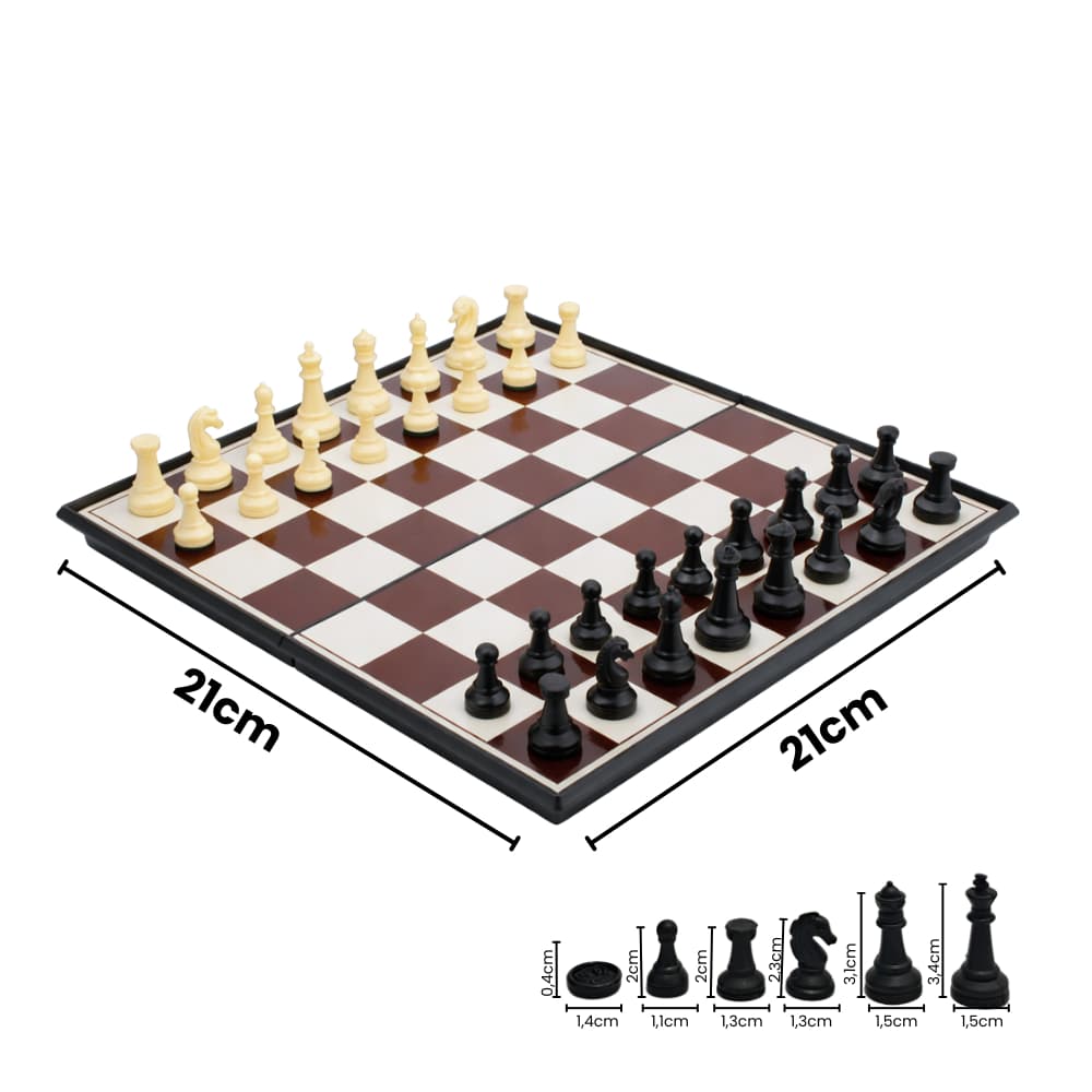 Jogo de Xadrez e Dama 2 em 1 Dobrável, Magnético em material plástico resistente Tam 21cm x 21cm