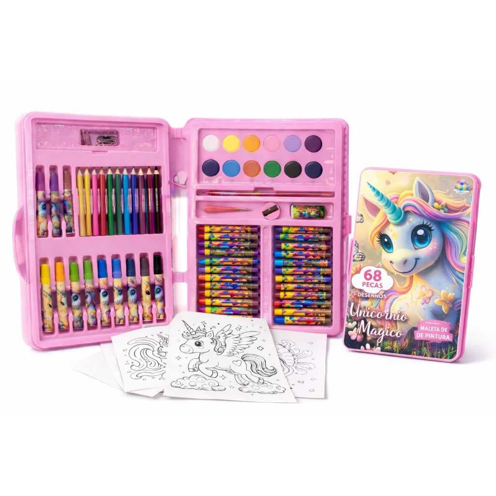 Estojo Maleta de Pintura 68 Peças c/ Canetinha Lápis infantil Presente Masculino e feminino Escolar Kit Colorir e Pintar