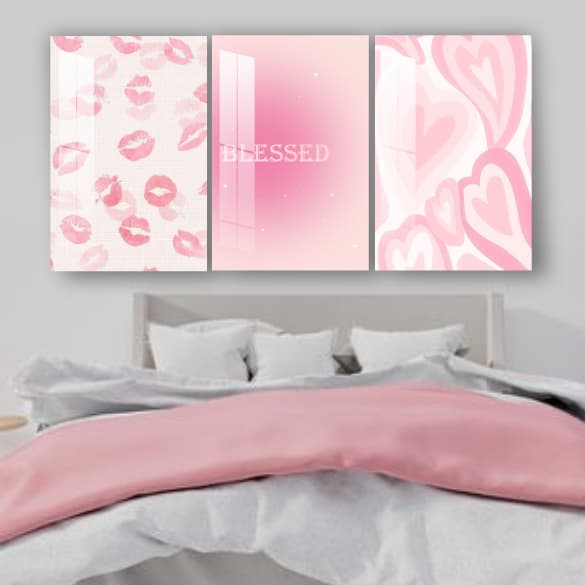 Quadros decorativos 3 peças Blessed beijos coração decoração quarto de menina sala